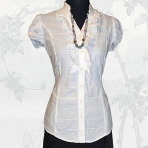 White Ruffled Cap Sleeve Women's Button Up Blouse